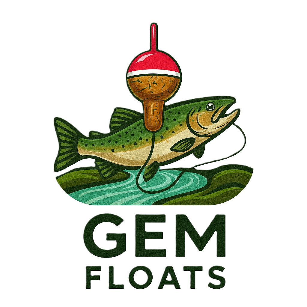 Logo of GEM Floats with a fish and fishing float.
